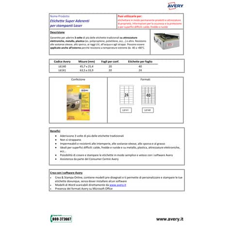 Etichette bianche superaderenti Avery poliestere 63,5x33,9 mm - 24 et/foglio - per laser - conf. 20 fogli - L6141-20